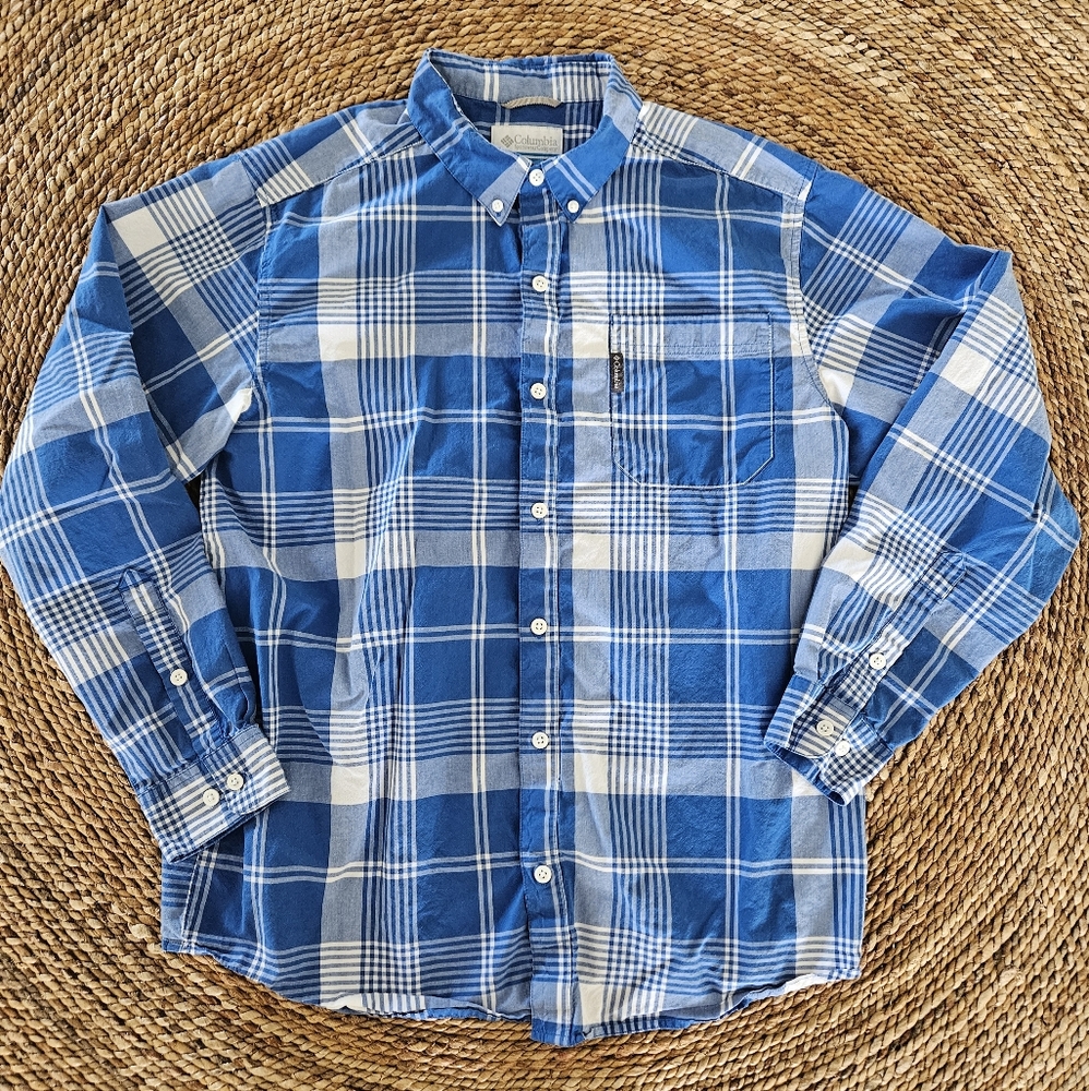 Men's Columbia Blue & White Plaid Long Sleeve Button Down Shirt Size L